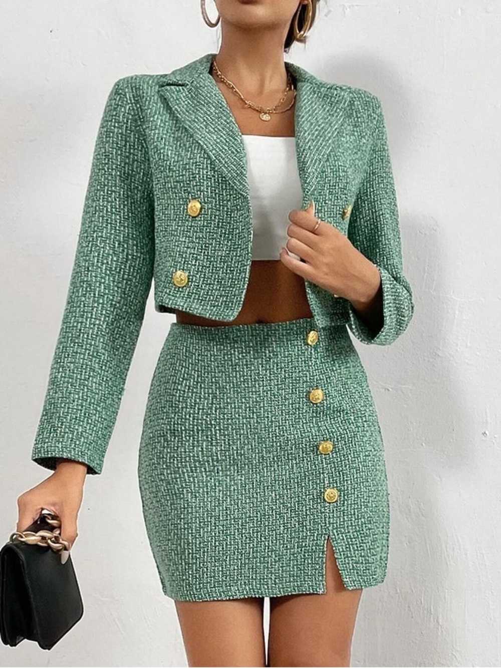 SHEIN Green Tweed Mini Skirt with Gold Buttons